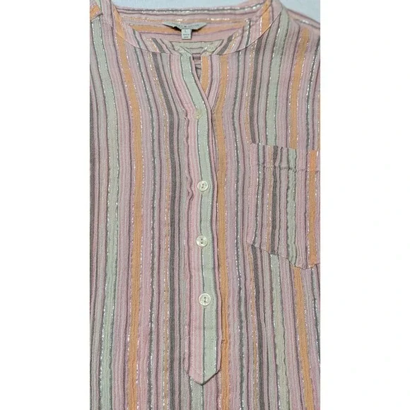 Lucky Brand Womens Top Large Pink Orange Metallic Striped Cotton Shirt‎ Popover - Picture 6 of 9